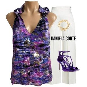 DANIELA CORTE BOSTON SILK PURPLE RUFFLE NECK TOP SZ XS 00 0 2
